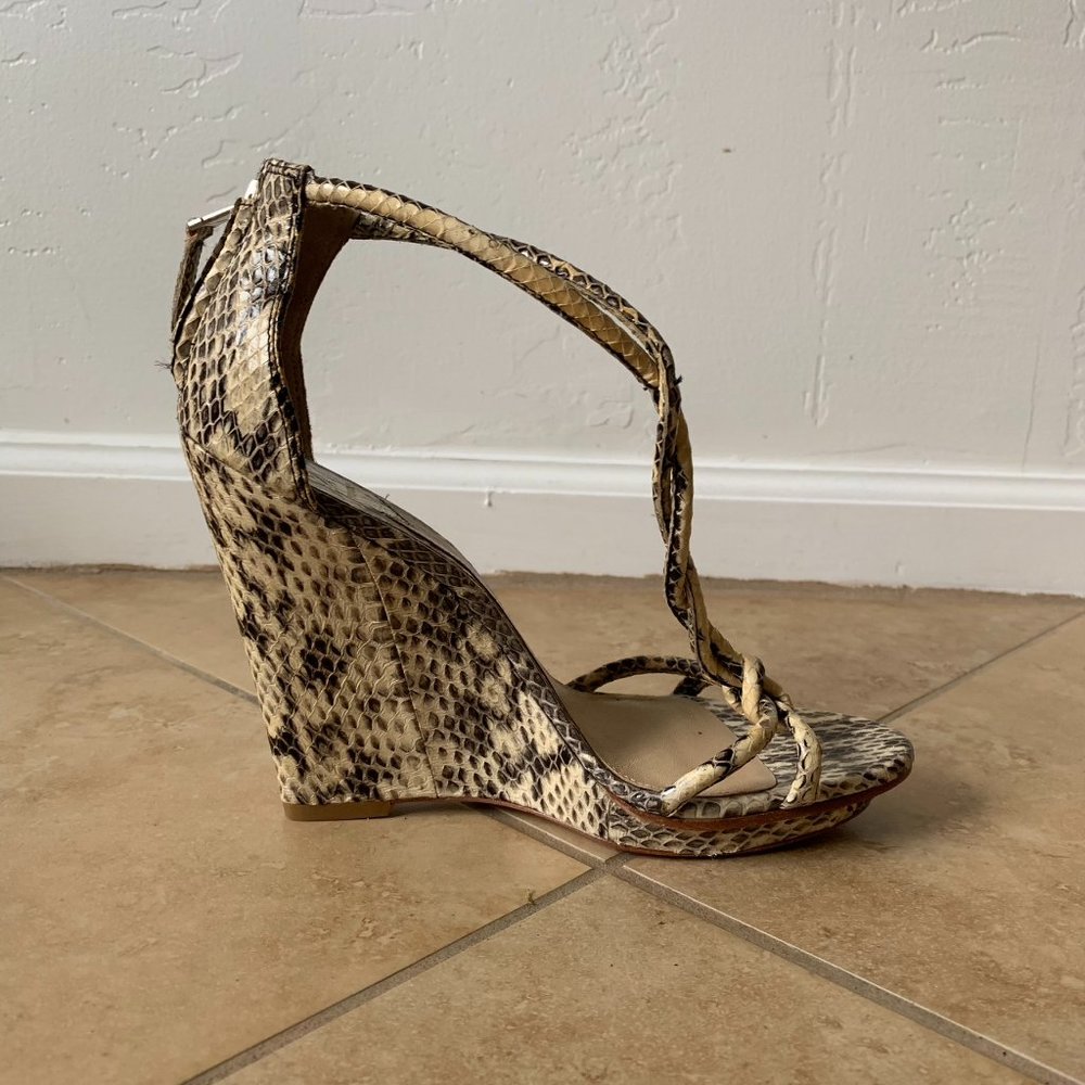 B Brian Atwood Snakeskin Print Wedges. Leather. Sandals. Heels.